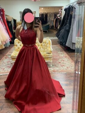Alyce Paris Beaded Halter Two-Piece Burgundy Ball Gown